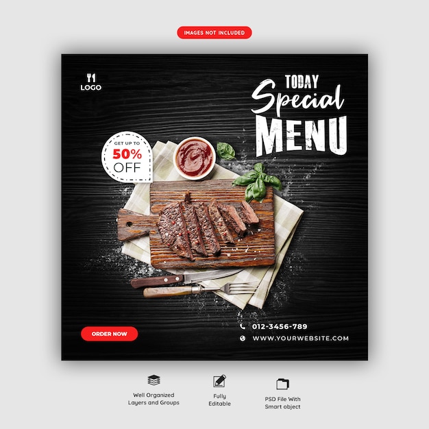 Eten menu en restaurant sociale media sjabloon voor spandoek