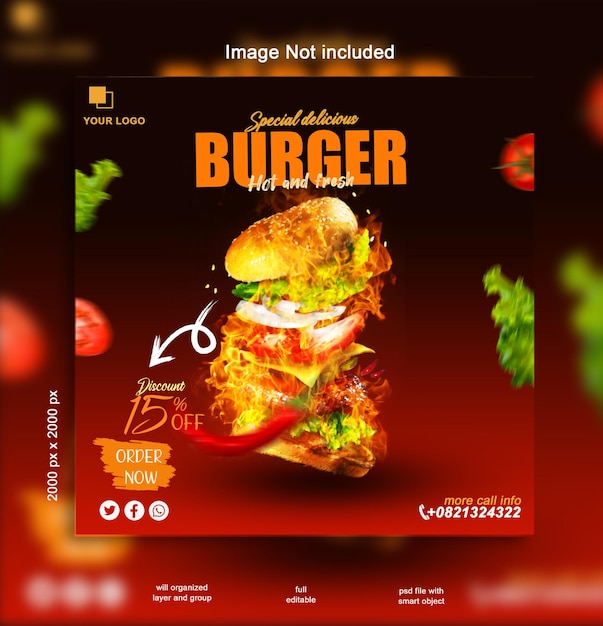 Eten restaurant voor sociale media template vandaag heerlijke burger menu promo