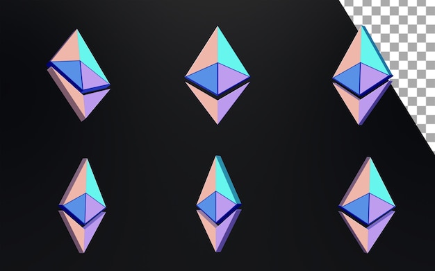 PSD eth ethereum diamond creative logo set 3d render illustration dark coin token cryptocurrency logo ic