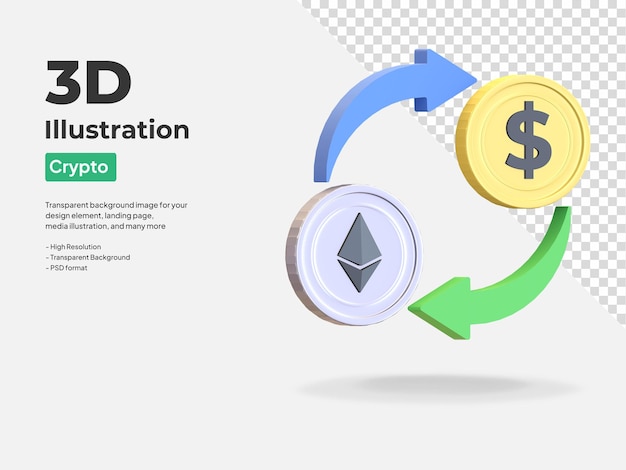 PSD ethereum to dollar swap icon cryptocurrency conversion symbol 3d render illustration