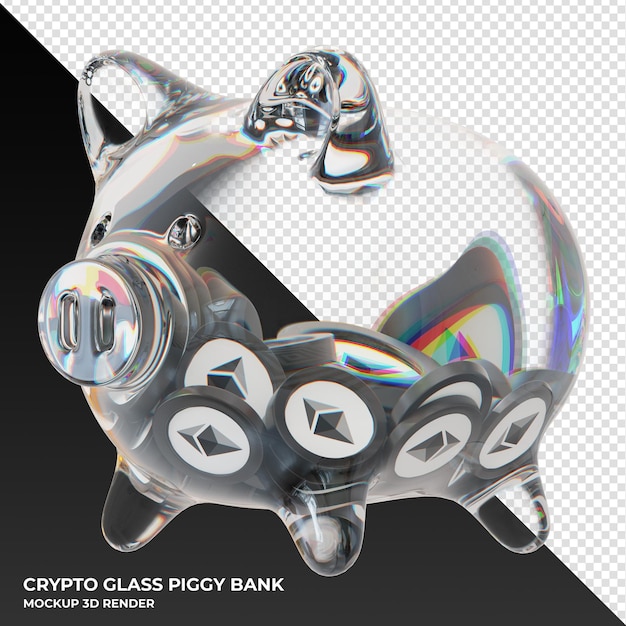 Moneta ethereum eth in vetro trasparente salvadanaio 3d rendering
