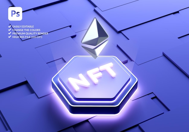 Символ Ethereum и фон технологии блокчейна NFT Non Fungible Token в 3D-рендеринге