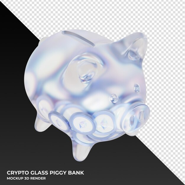 PSD ethereumpow ethw glass piggy bank with crypto coins 3d illustration