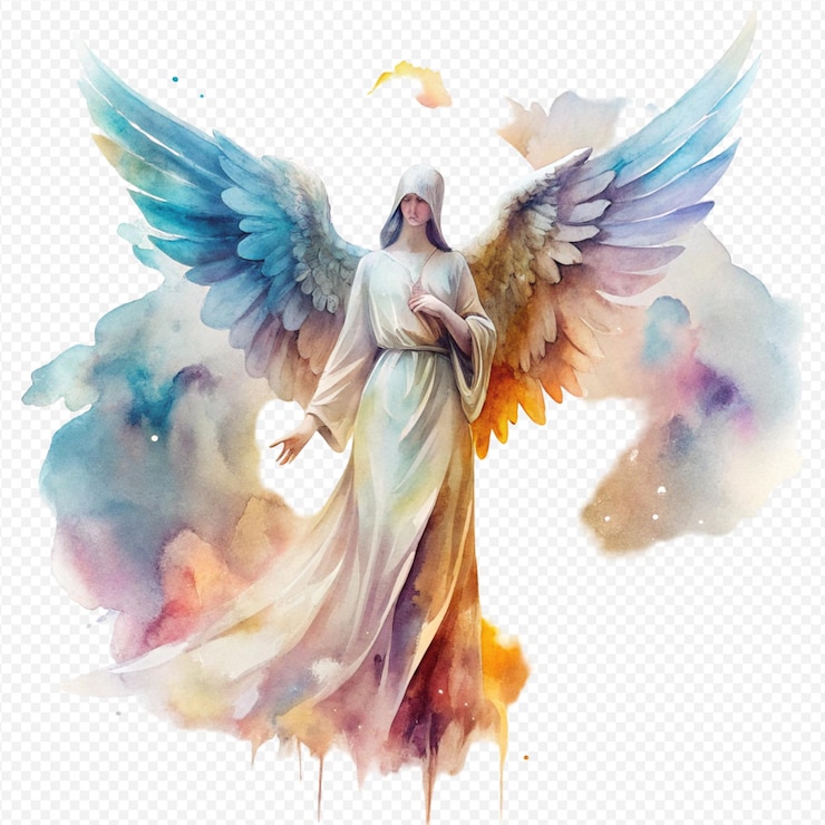 PSD etherische aquarel engel zachte aardtonen uitgestrekte vleugels vloeiende gewaden serene zijprofiel
