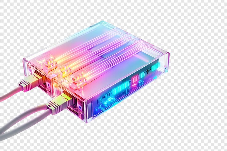 PSD ethernet switch with glowing cables isolated on a transparent background