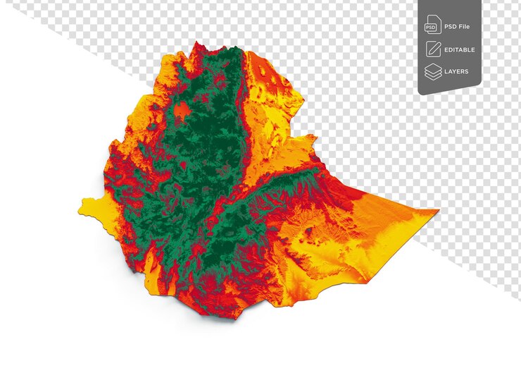 PSD ethiopia map with the flag color green and yellow shaded relief map white background 3d illustration