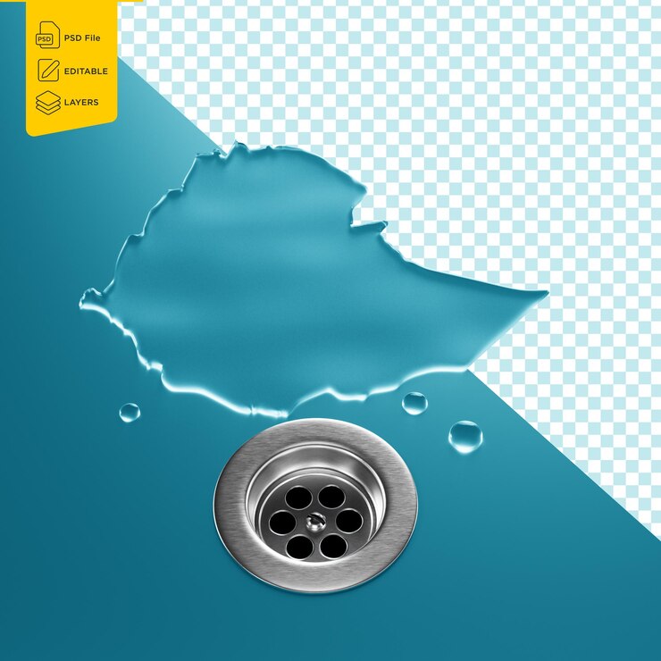 PSD ethiopia water map with drainage metal sink save water and water wastage concept 3d illustration