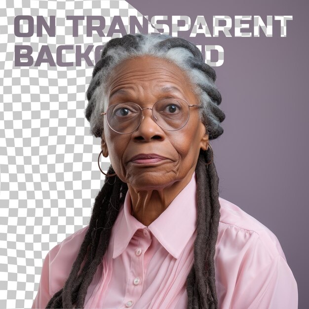 PSD ethnic senior school counselor skeptical long haired african woman poses gracefully on pastel background