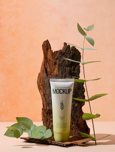 Eucalyptus background with skincare and beauty products mock-up