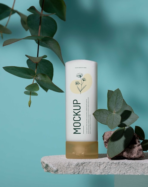 Eucalyptus background with skincare and beauty products mock-up