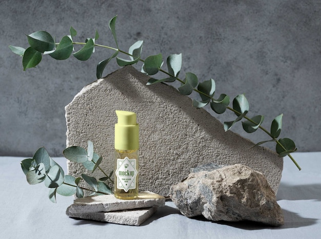 Eucalyptus background with skincare and beauty products mock-up