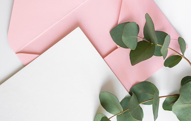 Eucalyptus branch and pink envelope with copy space