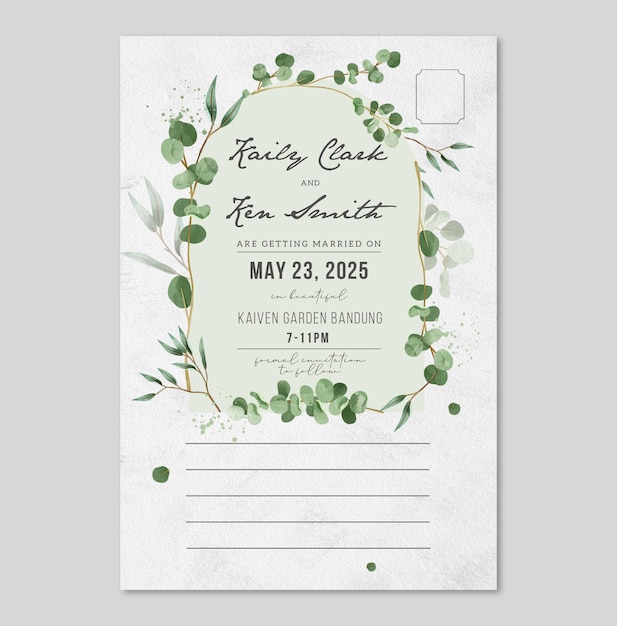 eucalyptus post card wedding invitation