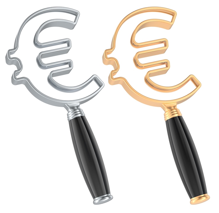 PSD euro symbol magnifying glasses gold and silver 3d rendering isolated on transparent background