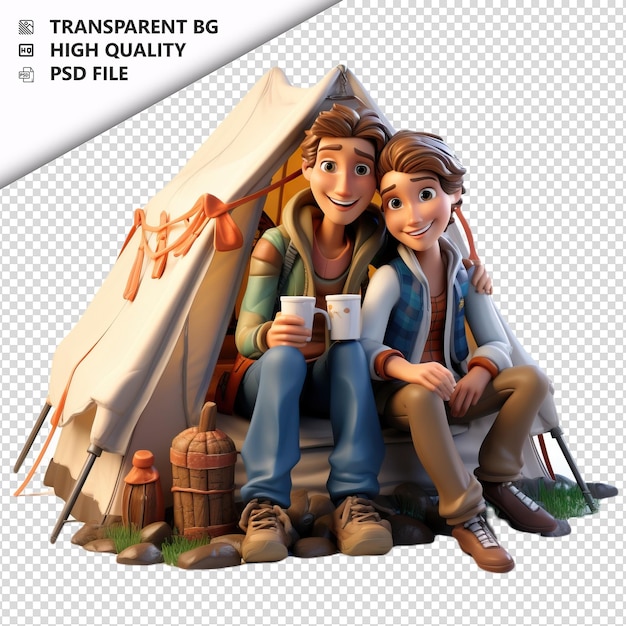 PSD european couple camping 3d cartoon stijl witte achtergrond