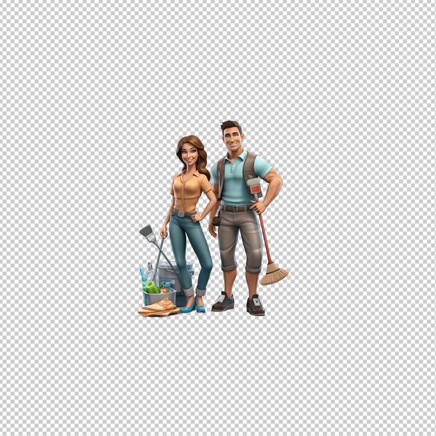 PSD european couple cleaning 3d cartoon style transparent backgroun