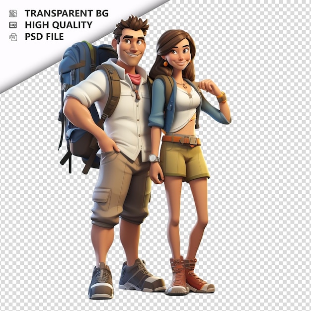 European couple hiking 3d cartoon style white background