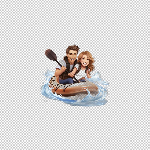 PSD european couple paddling 3d cartoon style transparent backgroun