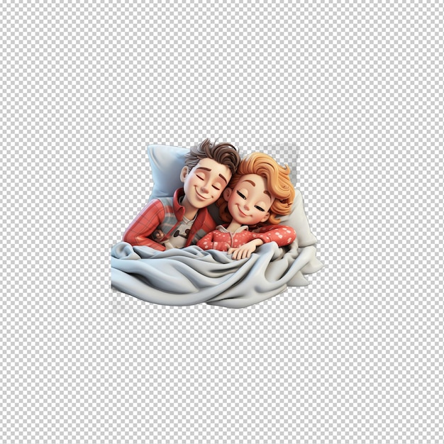 PSD european couple sleeping 3d cartoon style transparent backgroun