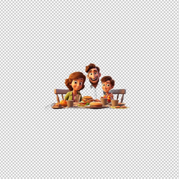 European family dining 3d cartoon style transparent background