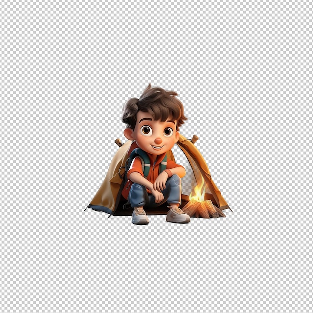 PSD european kid camping 3d cartoon style transparent background is