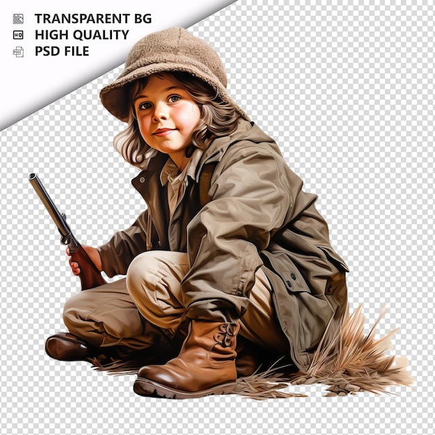 PSD european kid hunting ultra realistic style white backgrou