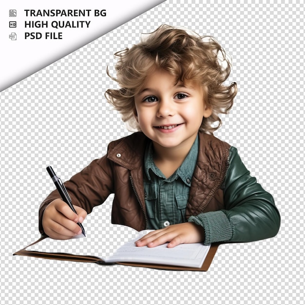 PSD european kid writing ultra realistic style white backgrou