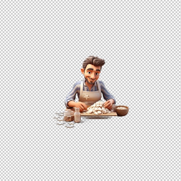 PSD european man baking 3d cartoon style transparent background iso