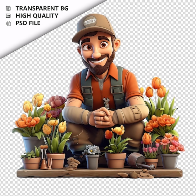 PSD european man gardening 3d cartoon style white background