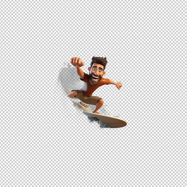 PSD european man surfing 3d cartoon stijl doorzichtige achtergrond is