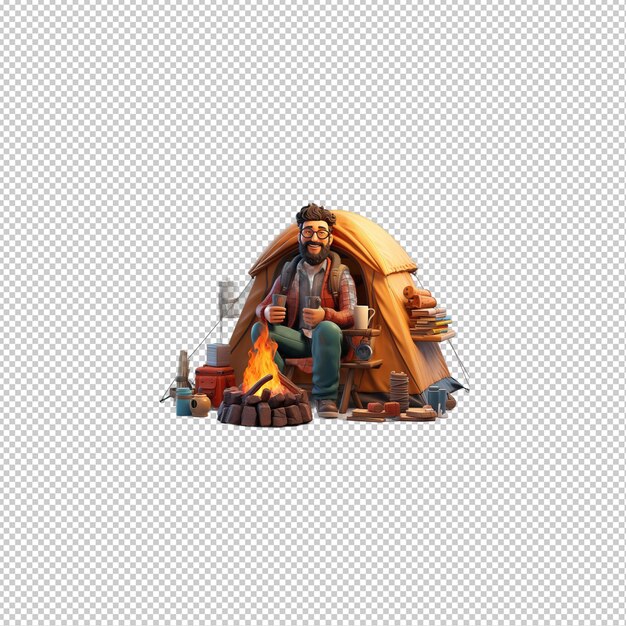 European person camping 3d cartoon style transparent background