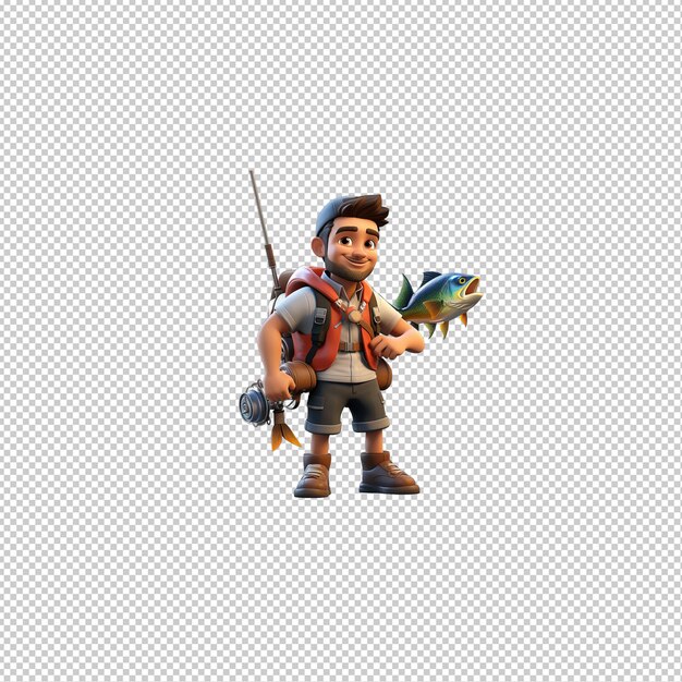PSD european person fishing 3d cartoon style transparent background
