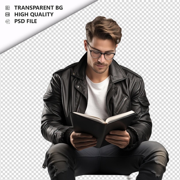 European person reading ultra realistic style white backg