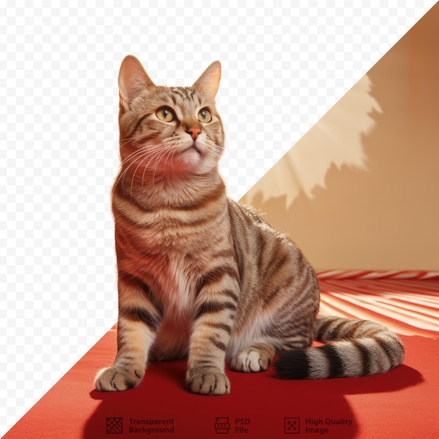 PSD european shorthair cat basking in sunlight on a red carpet