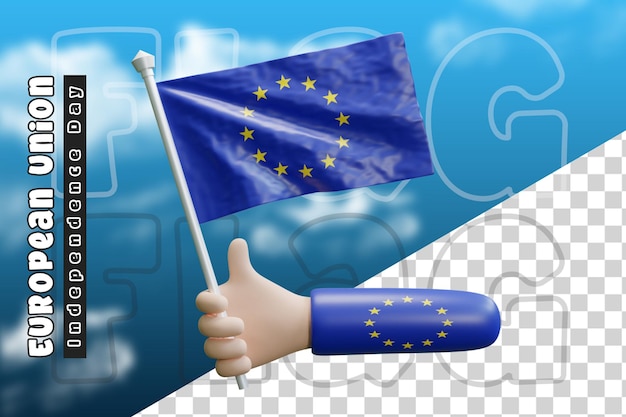 European union waving flag on holding hand or european union flag on holding hand