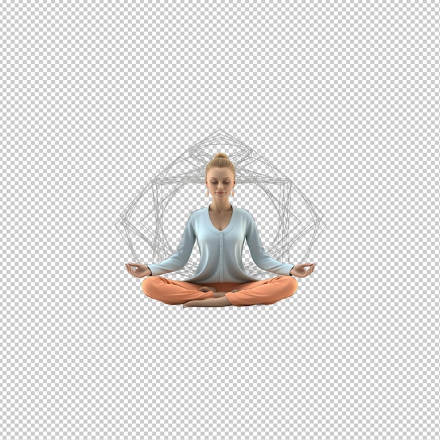 European woman meditating 3d cartoon style transparent backgrou