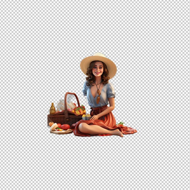 PSD european woman picnicking 3d cartoon style transparent backgrou