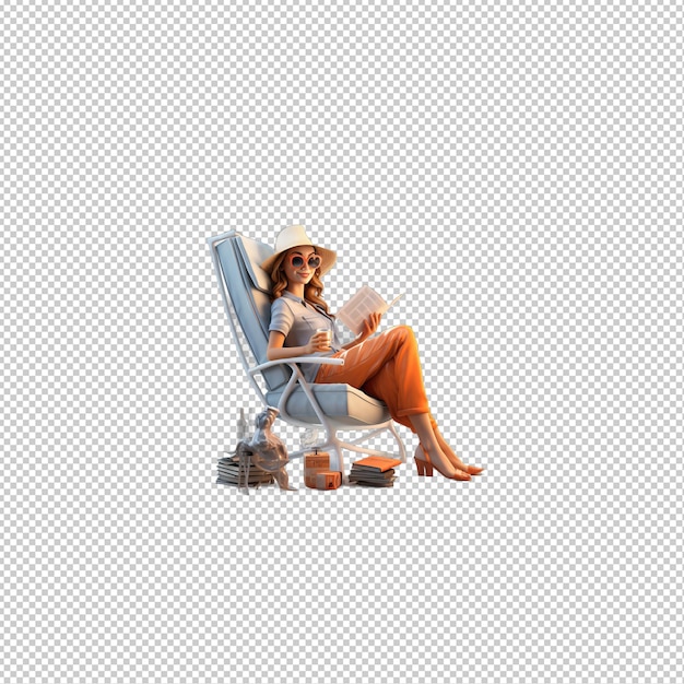 European woman relaxing 3d cartoon style transparent background