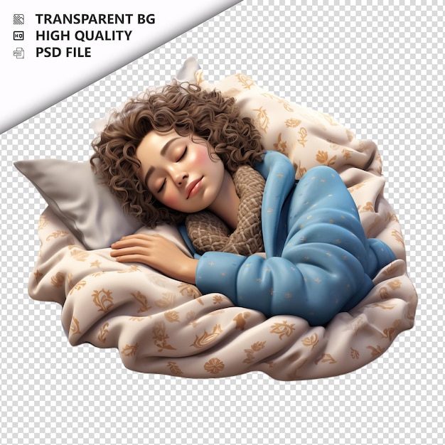 Donna europea addormentata in 3d in stile cartone animato sullo sfondo bianco