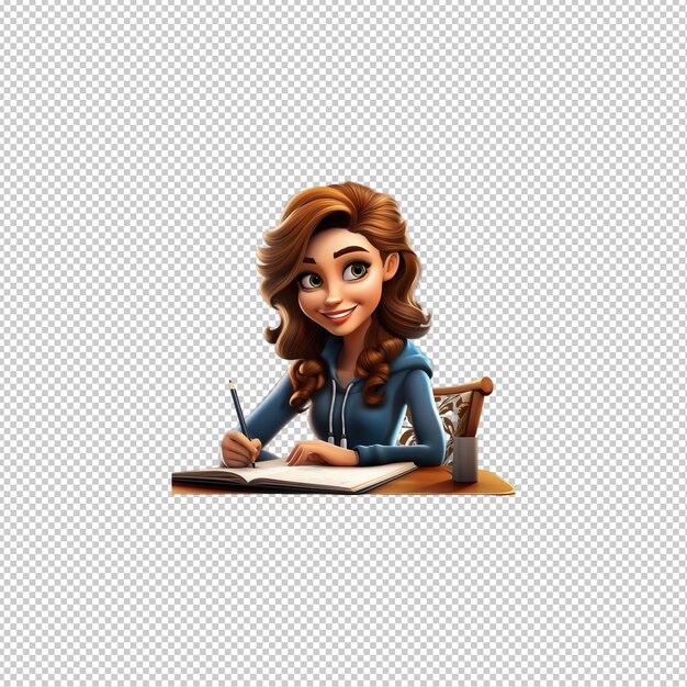 PSD european woman writing 3d cartoon style transparent background