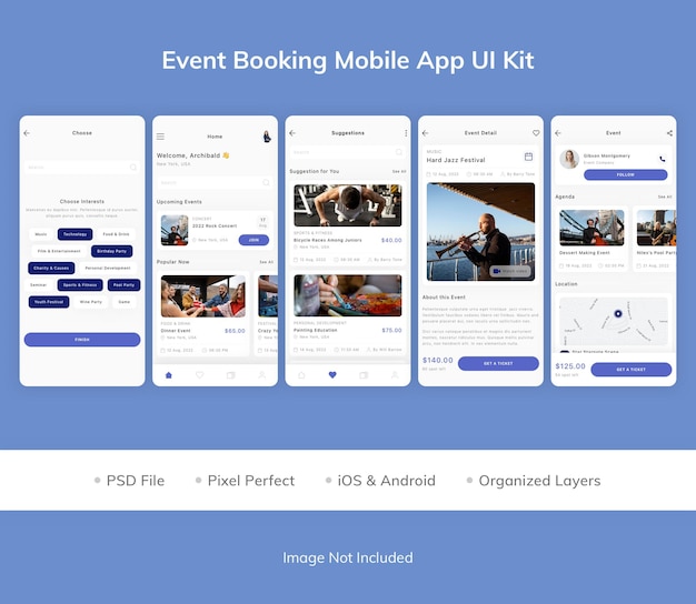 Kit dell'interfaccia utente dell'app mobile per la prenotazione di eventi