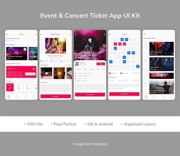 Kit dell'interfaccia utente dell'app per biglietti per concerti per eventi