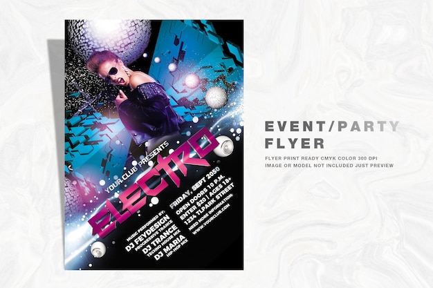 An event party flyer with a woman dancing in the background