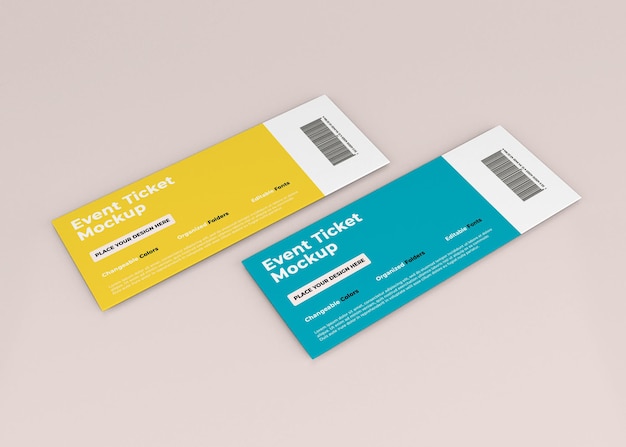 Event ticket mockup ontwerp in 3d-rendering geïsoleerd