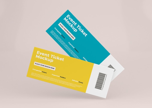 Event ticket mockup ontwerp in 3d-rendering geïsoleerd