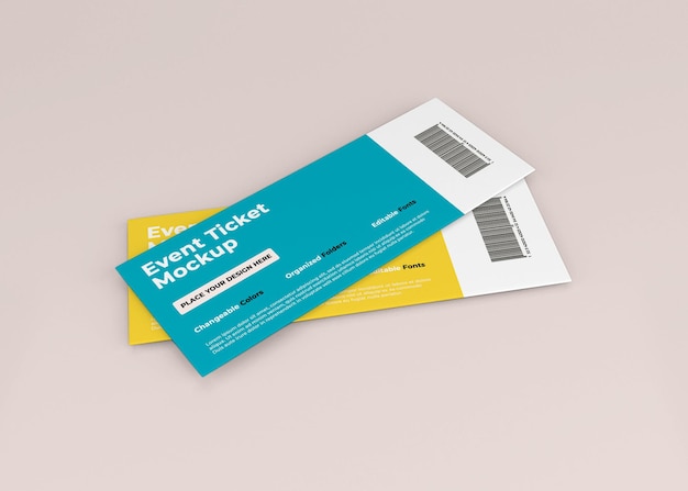 Event ticket mockup ontwerp in 3D-rendering geïsoleerd
