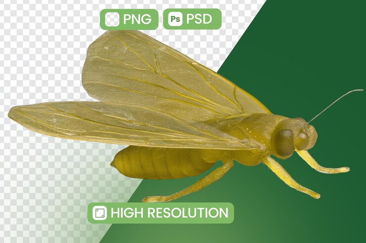PSD examine yellow insect with transparent wings and antennae in details for education concept
