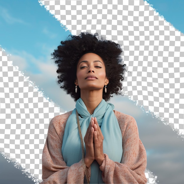 PSD a exasperated adult woman with kinky hair from the native american ethnicity dressed in meditating for relaxation attire poses in a hand on chin thoughtful pose style against a pastel sky bl