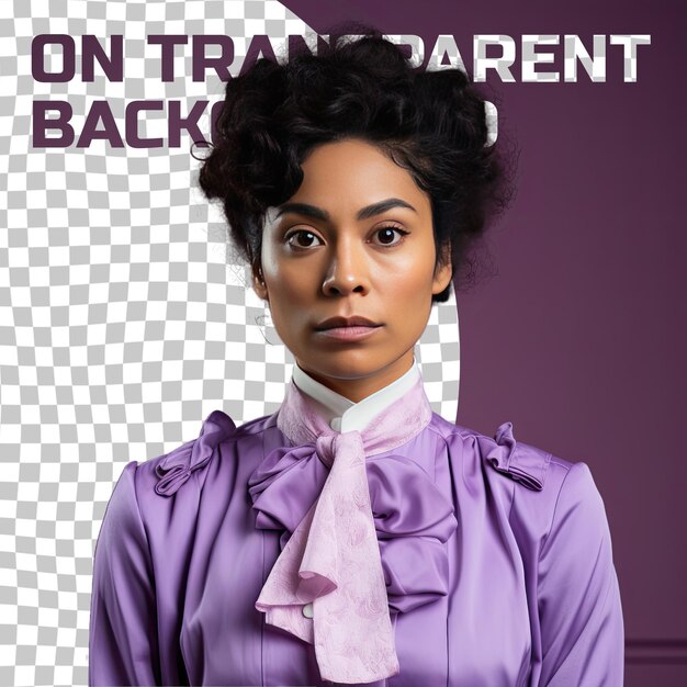 A exasperated adult woman with kinky hair from the southeast asian ethnicity dressed in diplomat attire poses in a sideways glance style against a pastel lavender background