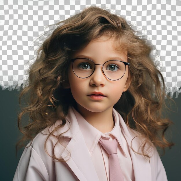 PSD una bambina esasperata con i capelli ondulati di etnia nordica vestita in abito di terapeuta respiratorio posa in stile focused gaze con occhiali su uno sfondo pastel rose